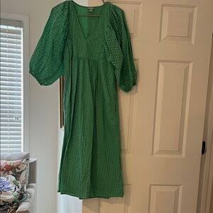 A new day Green Eyelet V-Neck Midi Dress with Puff Sleeves